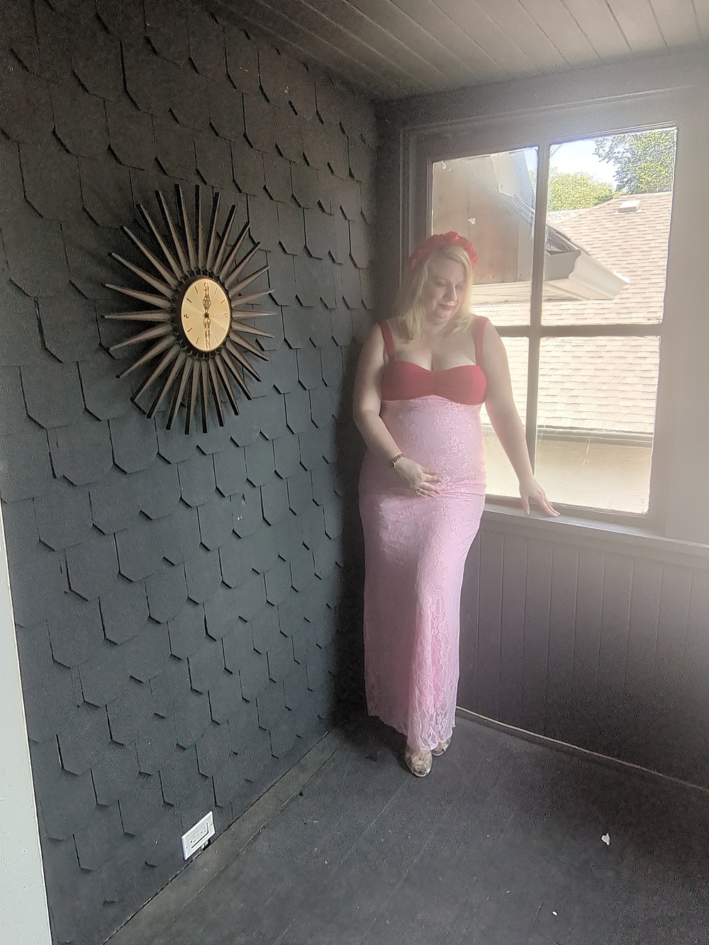 Fashion Nova Pink Lace Maxi Dress with Burgundy Bodice